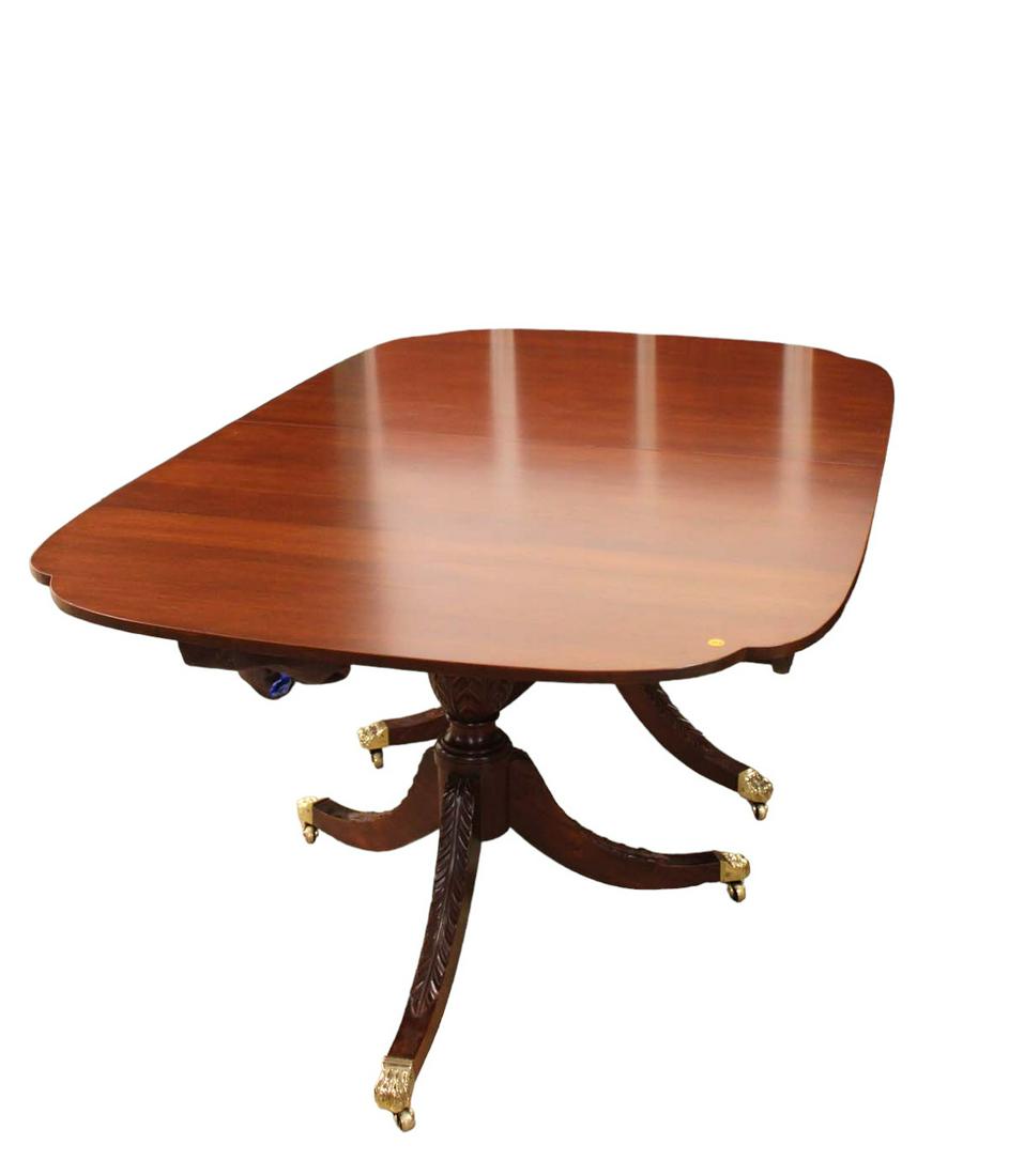 Stickley solid cherry dining room table double carved pedestal with brass cap feet, (4) 12" leaves, (1 of 7)