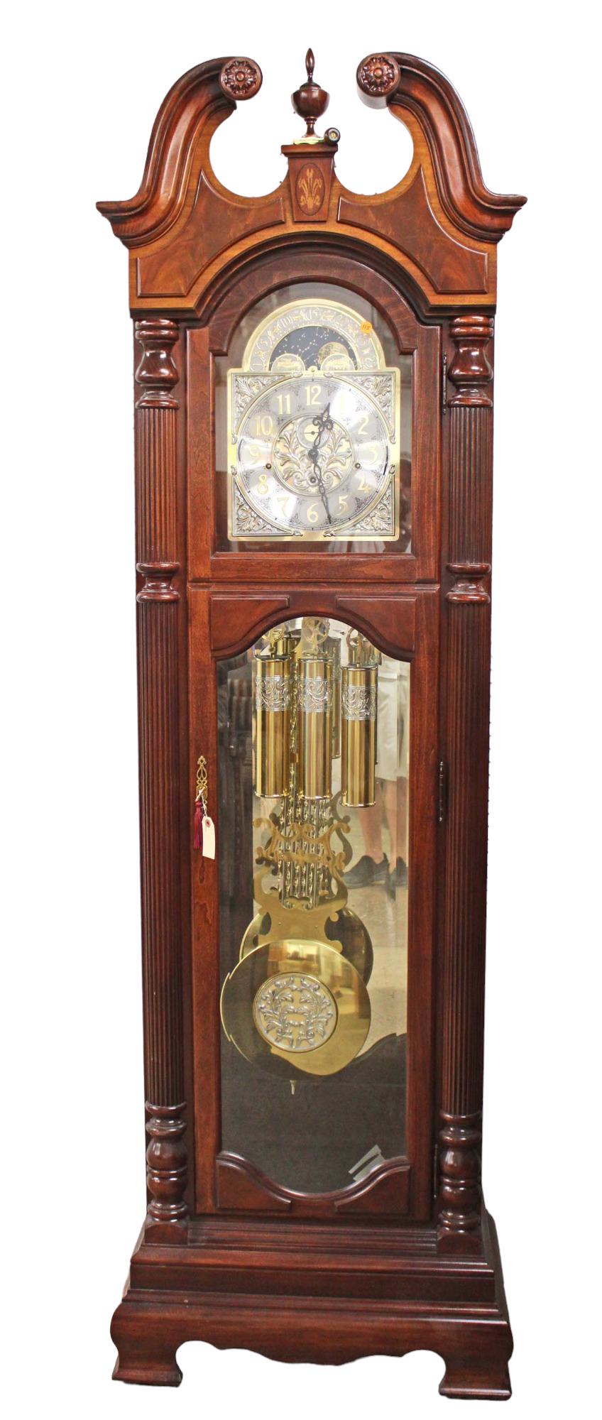 Beautiful Howard Miller mahogany tall case grandfather clock with inlay, paperwork, lighted, working (1 of 8)