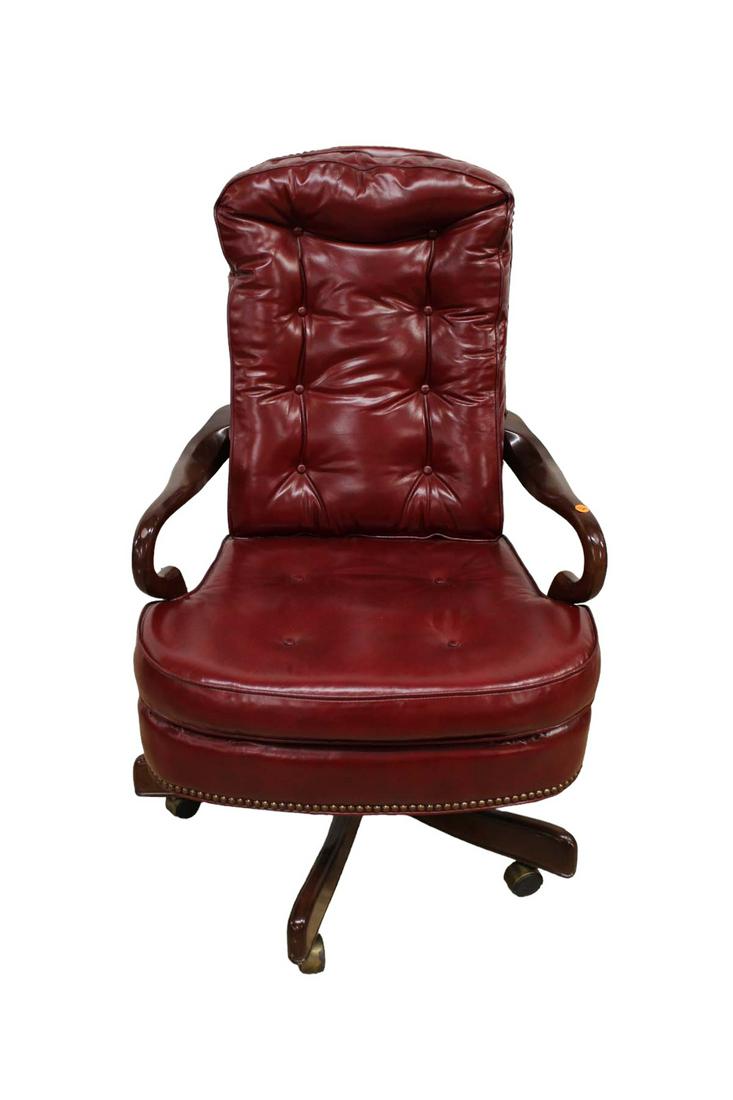 Hickory office chair leather scroll arm button tuft tacked swivels good condition (1 of 5)