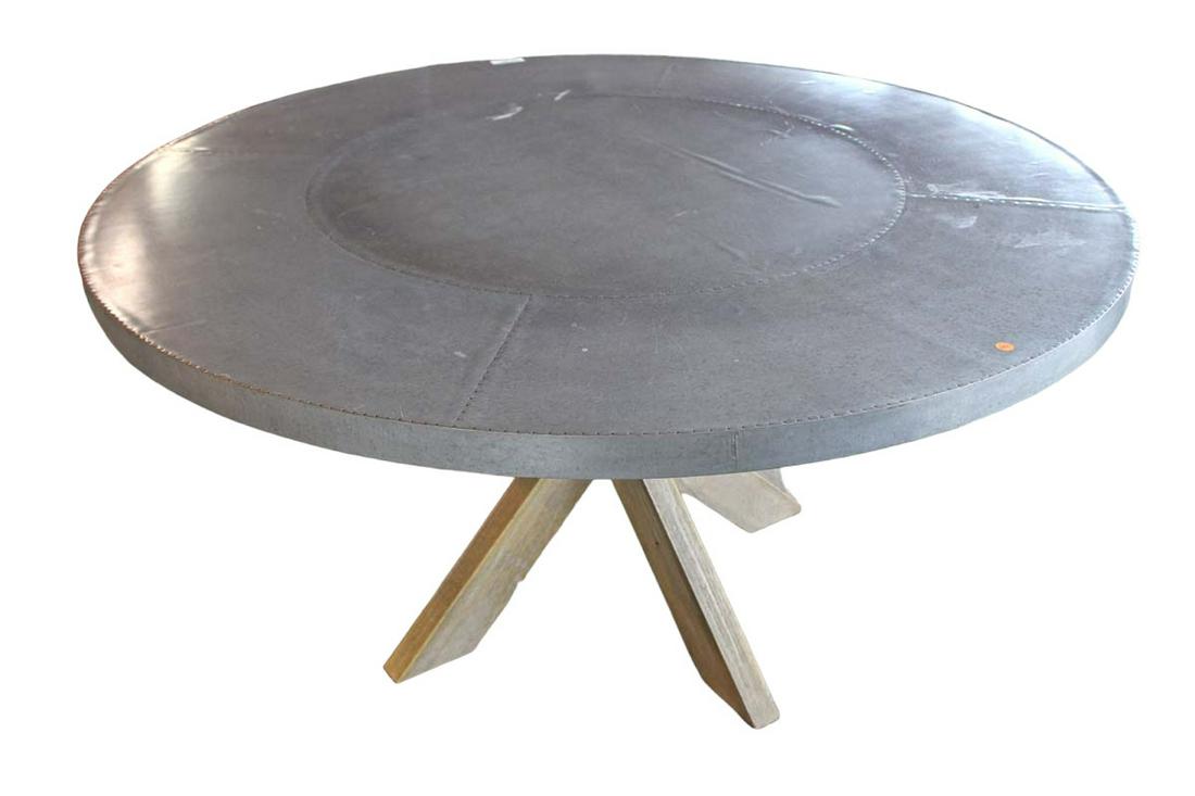 60" round dining room table, zinc style tacked metal top: 60" round dining room table with zinc style tacked metal top, good shape rustic industrial style, 60" dia. X 30"h