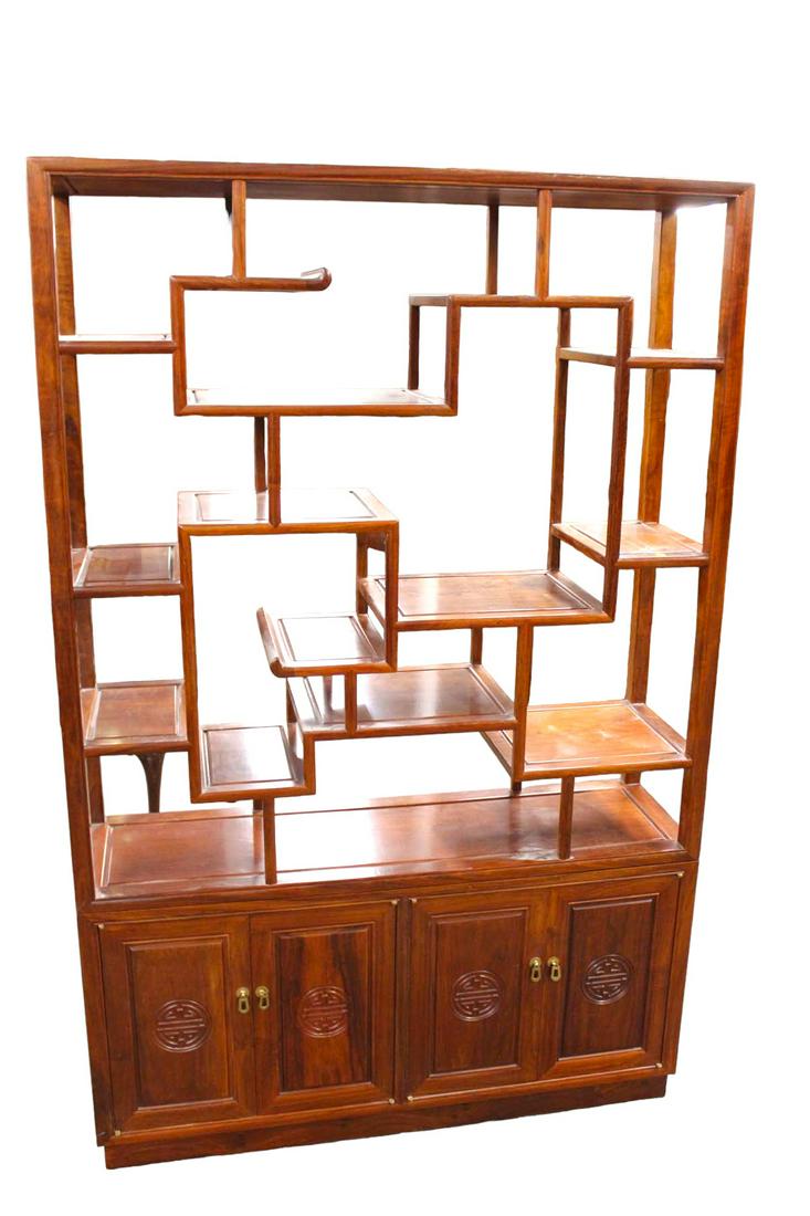 Asian hardwood etagere on 4 door cabinet, 2pc , open, multi shelf, (1 of 4)