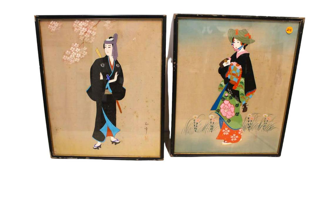 2 semi antique artist signed Asian artworks, in found condition (1 of 4)