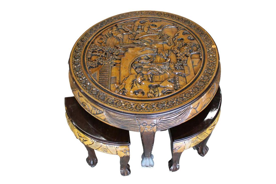 Asian inspired 5pc cocktail table set:  highly carved table and 4 stools (1 of 4)