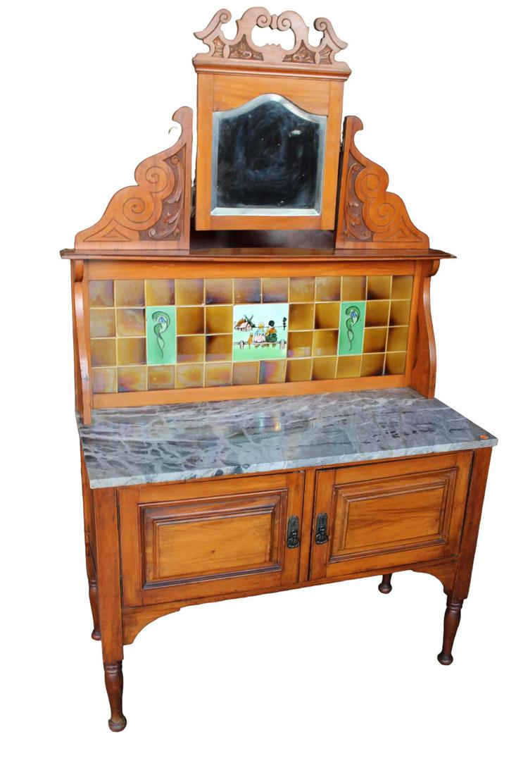 Antique continental country wash stand, marble top, tiled mirror back splash, 2 door, in the (1 of 5)