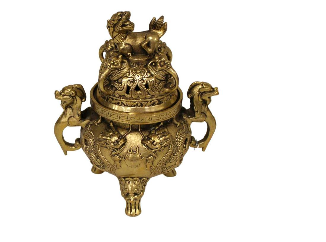 Asian Chinese Covered Brass Pot with Dragons, believed to be South to South East, signed on bottom (1 of 3)