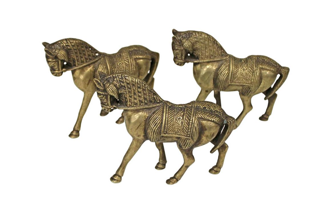 Group of 3 white brass Asian horse figures, 5"l x 2" thick, 5"h (1 of 4)