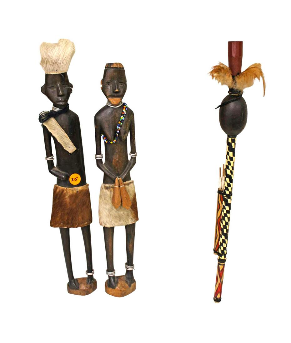 Group of 3: 2 Asian wood figures and 1 rattle, tallest 16"h (1 of 3)