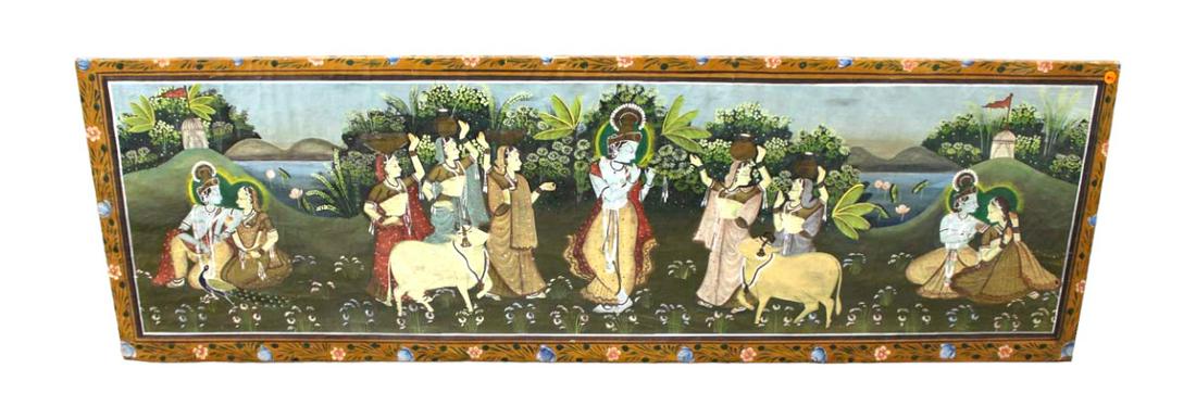 Semi antique Asian framed painting on cloth, 66"l x 21"h (1 of 3)