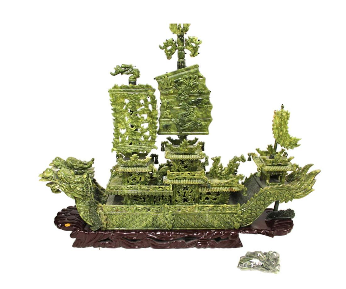 LARGE Asian dragon JADE boat on wooden stand, highly carved and ornate (1 of 8)