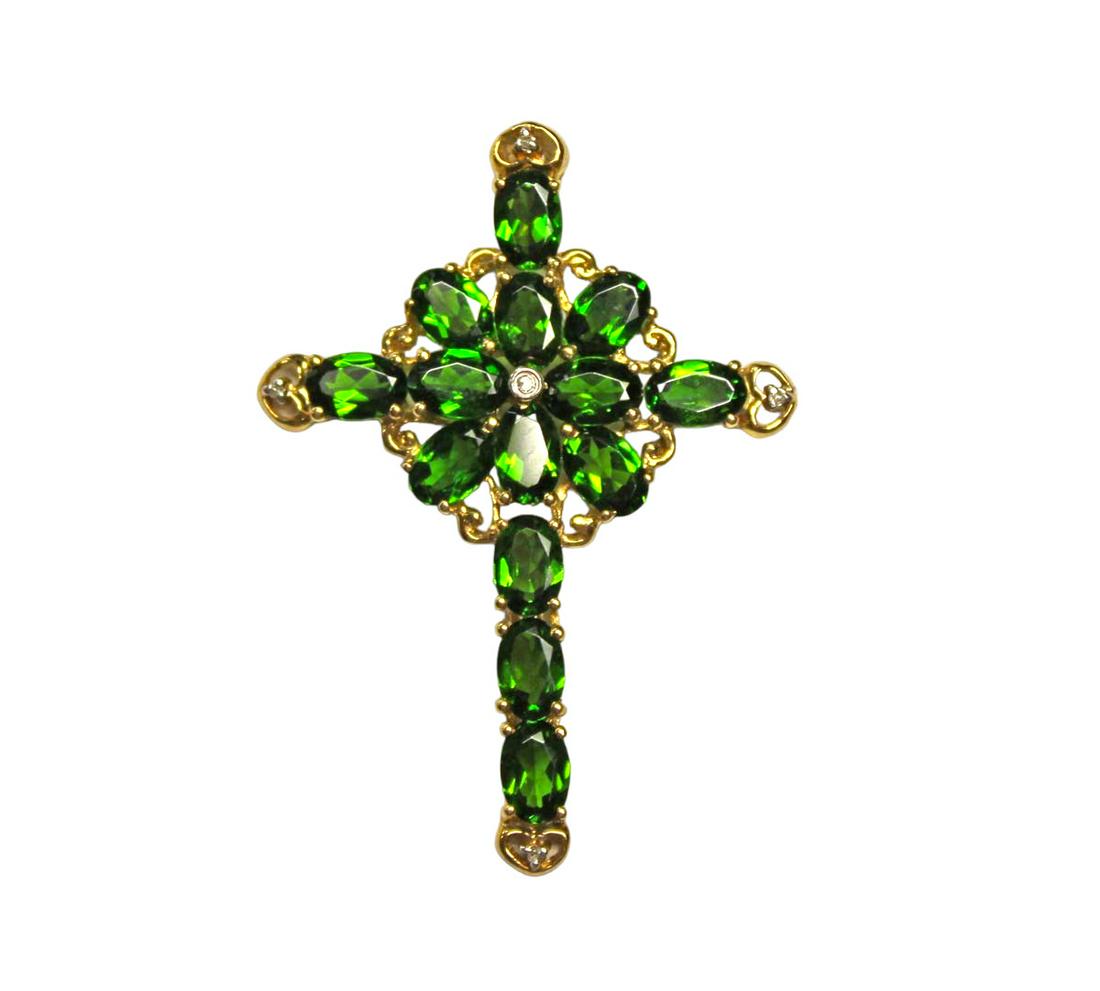5ct. green spinel & diamond accent yellow gold 10kt cross, 2"l x 1 1/4"w: 5ct. green spinel & diamond accent yellow gold 10kt cross, 2"l x 1 1/4"w