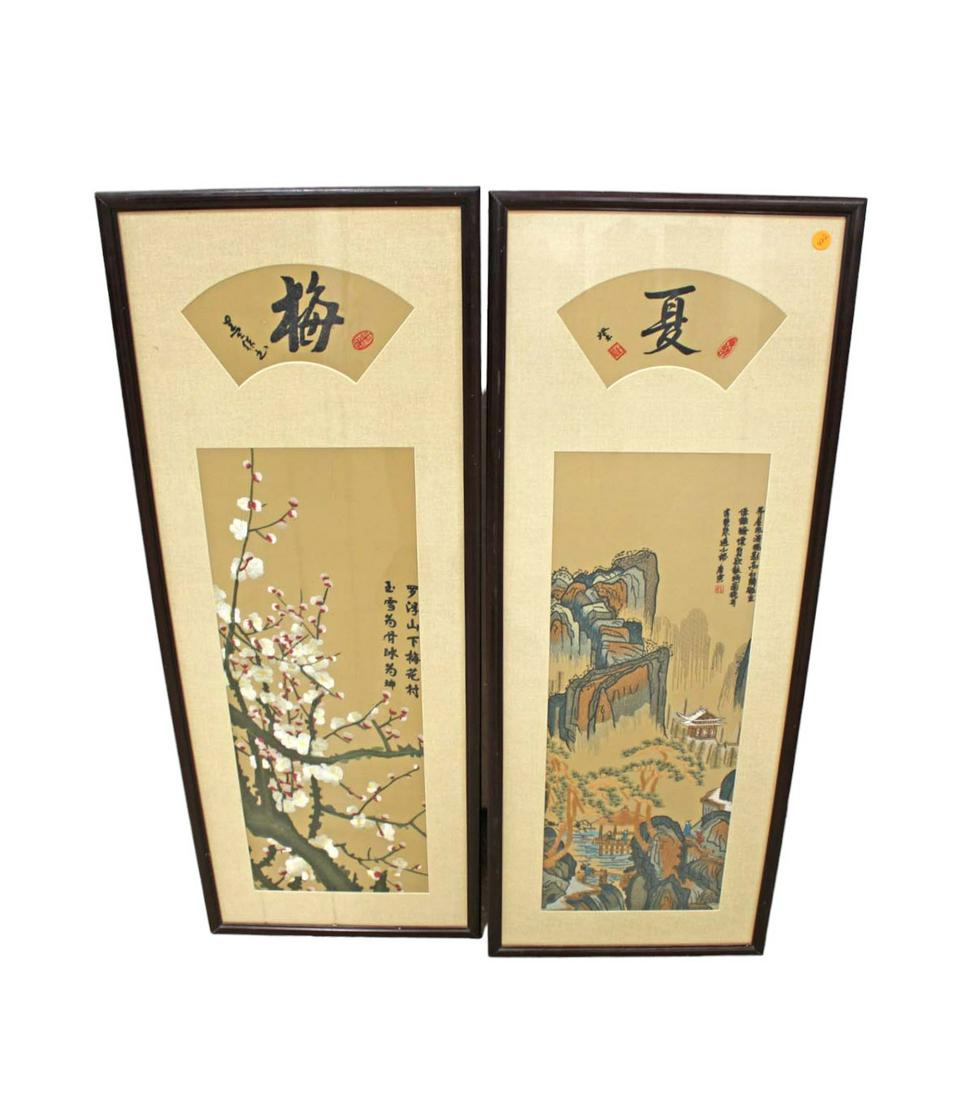 Pair of Vintage Asian signed artwork, mahogany framed, in good condition, 15"w x 38"h (1 of 4)