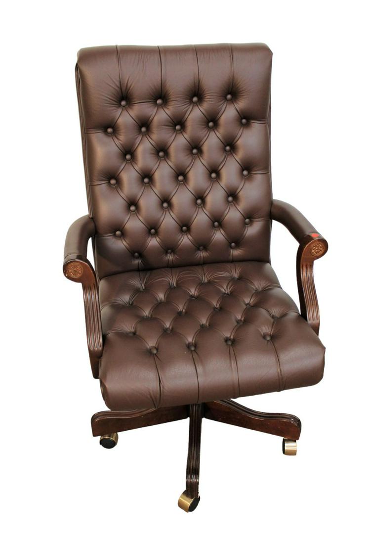 QualityTriune executive office chair, button tuft high back mahogany framed, leather like (1 of 6)