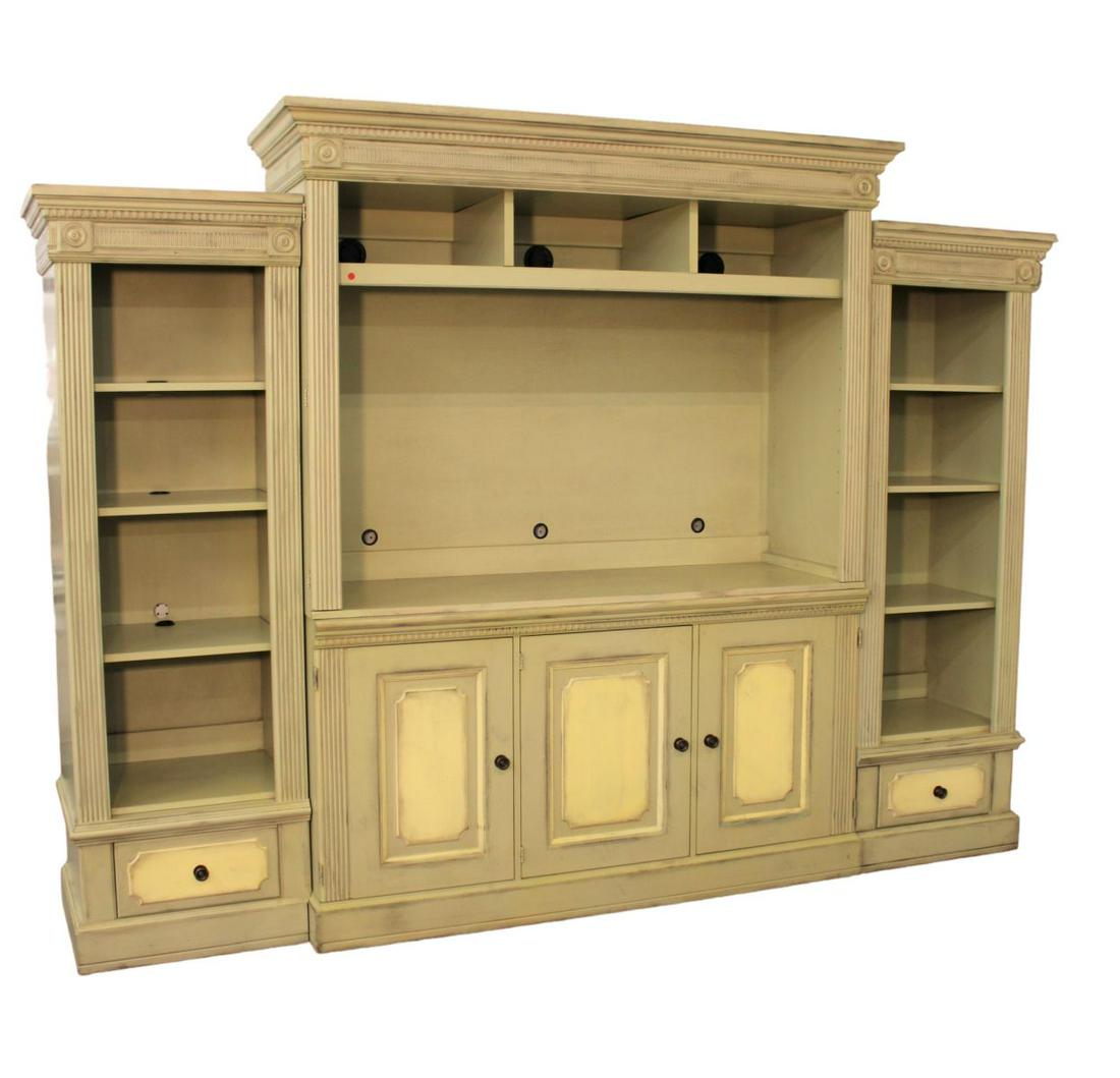 Romweber 4 part wall unit bookcase, country paint decorated, fluted columns and raised door and (1 of 5)