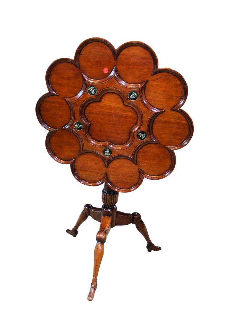 Quality scalloped tilt top table in the manner of Maitland Smith, tri leg and shoe footed with (1 of 8)