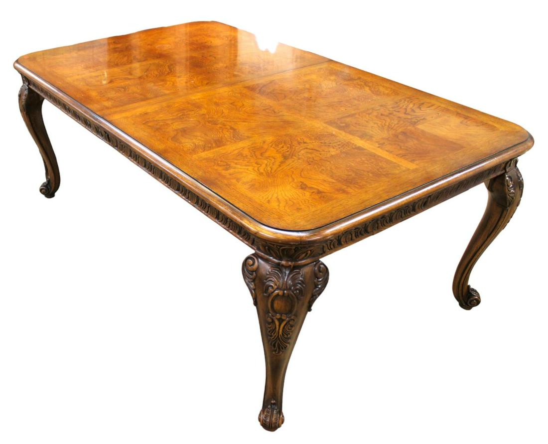 Great Henredon dining room table, burl walnut with carved skirting, with (2) 21" skirted leaves, (1 of 12)