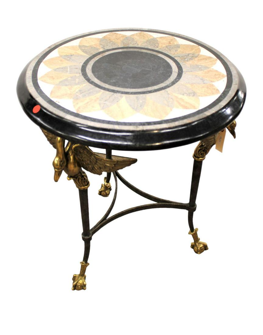 Awesome Maitland Smith 24" dia. table, tri color marble on winged swan metal base, brass ball and (1 of 6)