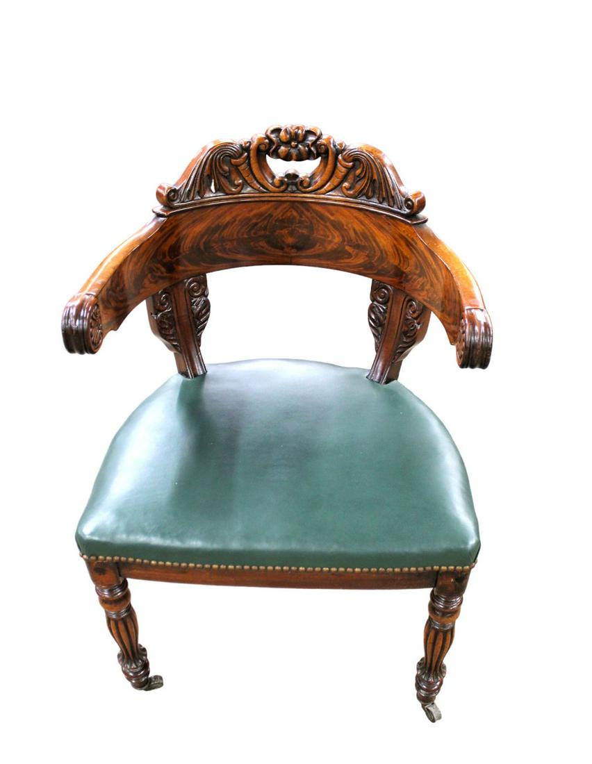 Antique style barrel back carved chair, burl mahogany, solid, no name found (1 of 4)