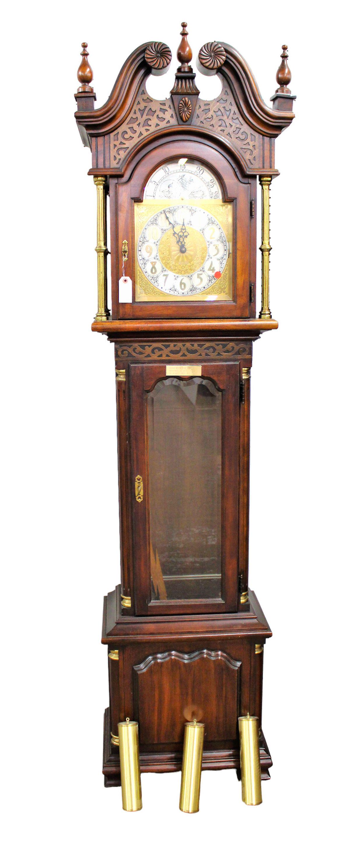 Ridgeway grandfather clock, mahogany case,  traditional with brass columns, structurally sound in (1 of 4)
