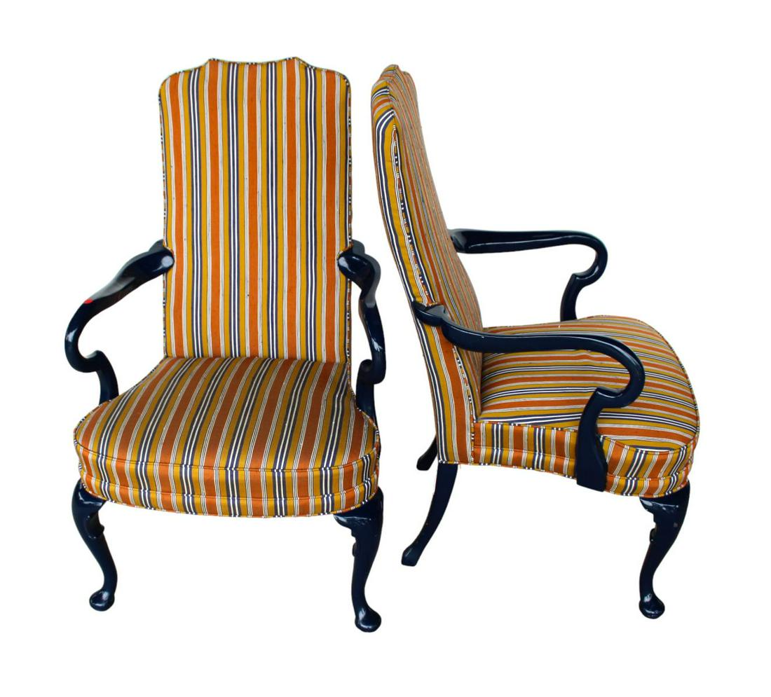 Pair Hickory Chair scroll arm fireside chairs in the solid wood blue painted frame with stripped (1 of 5)