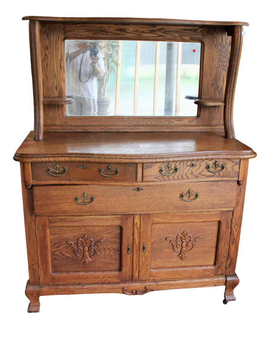 Antique oak mirror back buffet with applied carvings, has been refinished, 3 drawer 2 door (1 of 5)