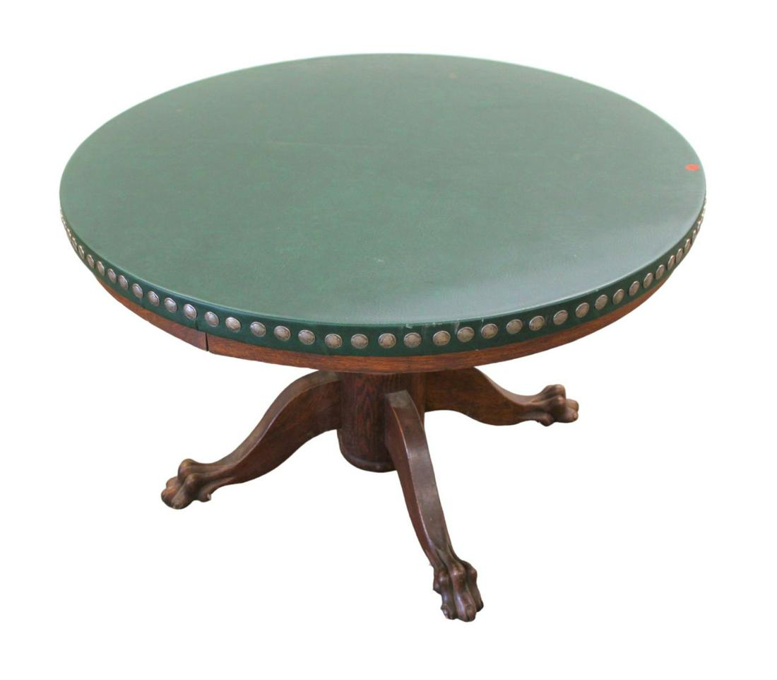 Antique poker table, all American buffalo nickels tacked round oak base with a green leather like, (1 of 4)