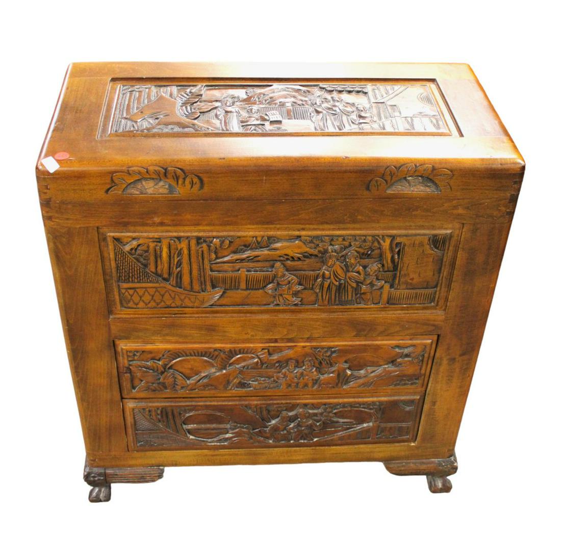 Nice Asian lift top storage chest, carved 2 drawer (1 of 6)