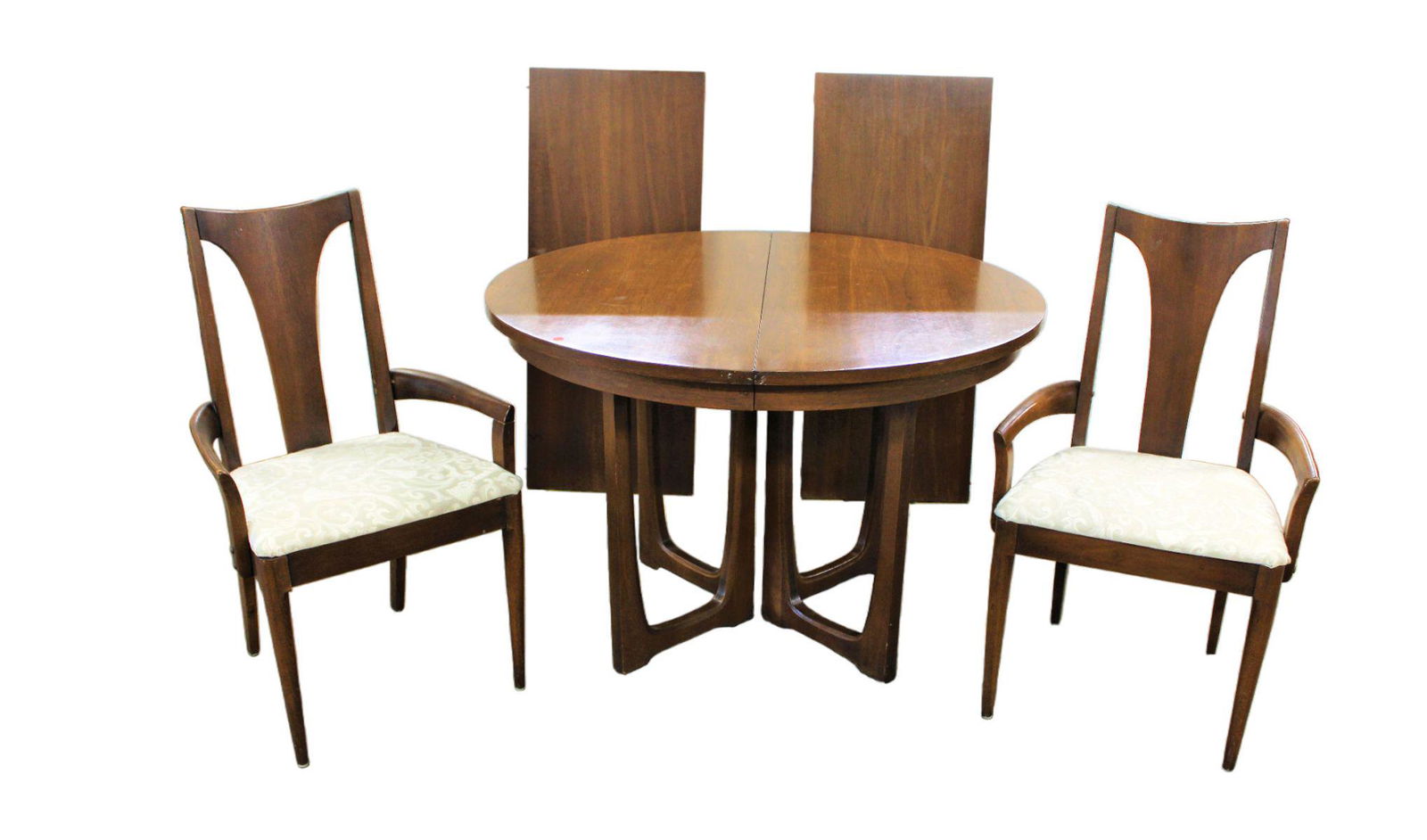 Mid Century Modern 3pc breakfast set, walnut, 44" round table with (2) 18" leaves and 2 arm chairs (1 of 6)
