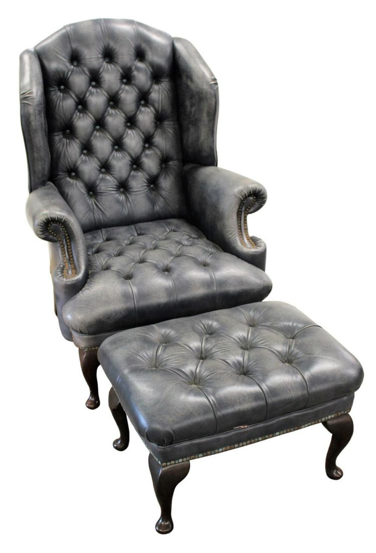 Nice 2pc wing chair queen anne and ottoman by Pendragon Furniture, button tuft distressed leather (1 of 5)