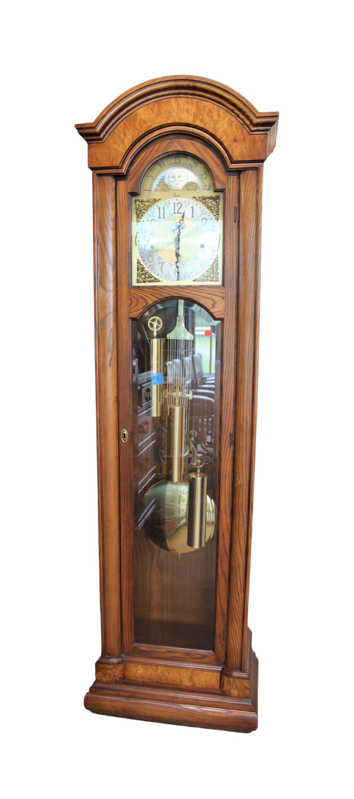 Vintage Colonial Grandfather Clock, Oak And Walnut Case With Weights