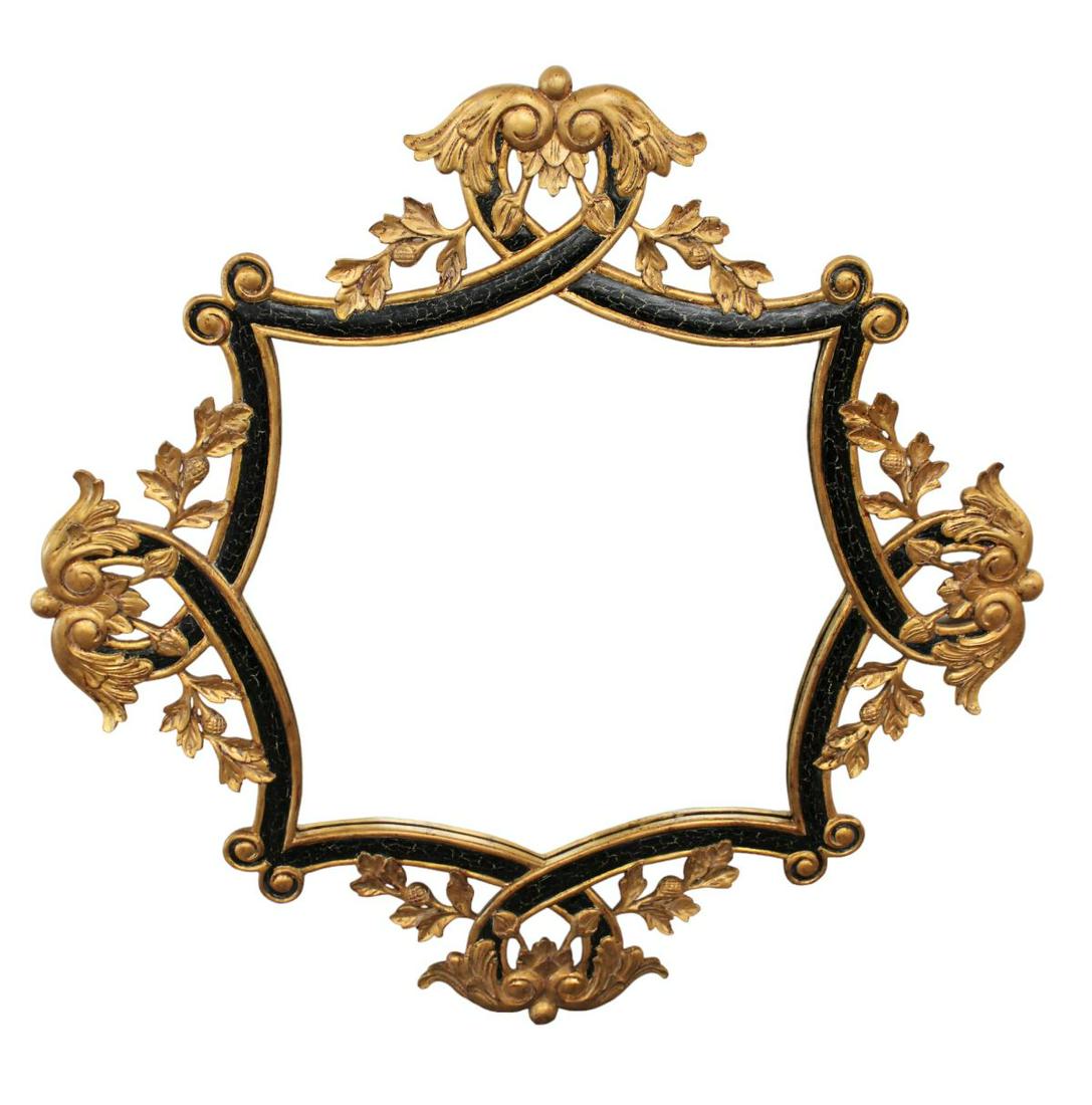 Quality Harrison Gil fancy carved decorator mirror in wood frame, 39"w x 39"h (1 of 5)