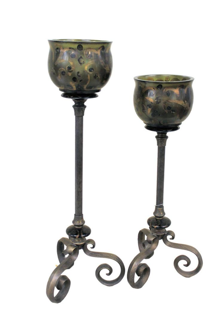 Pair of decorative art glass metal base candle sticks, 26"h and 23"h x 8" dia. (1 of 3)