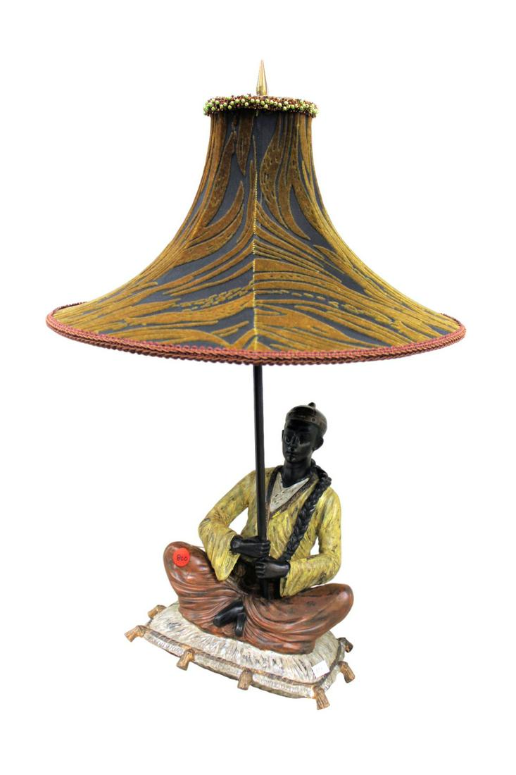 Quality metal Asian man lamp with shade riding a carpet in the manner of Maitland Smith, 9" square x (1 of 7)