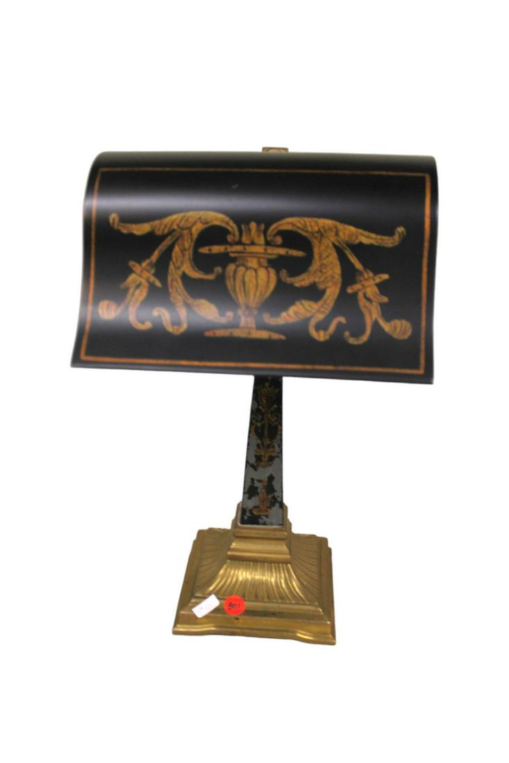 Paint decorated desk lamp, some damage seen on brass, 9"w  x 16"h (1 of 4)