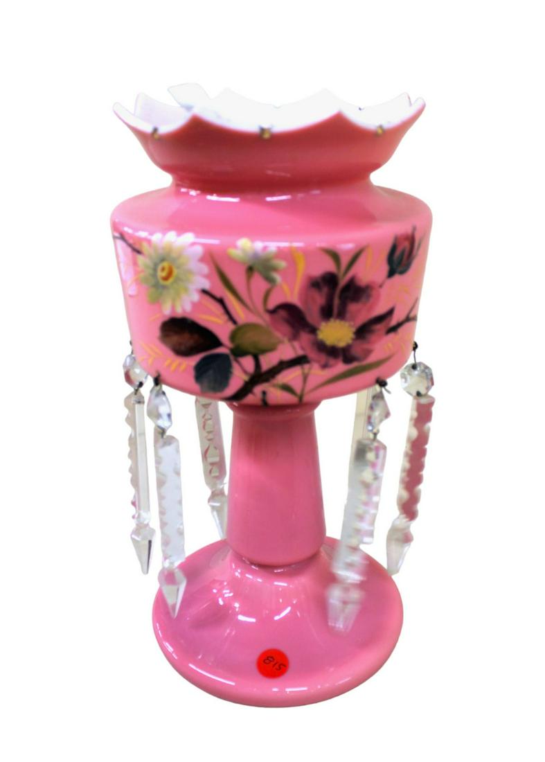 Antique prismed lamp base paint decorated, missing 1 prism, in the pink glass, 13"h x 7" dia. (1 of 2)