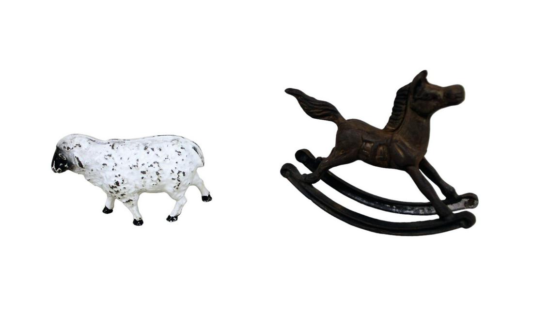 2pc lot vintage cast iron rocking horse and lamb bank: 2pc lot vintage cast iron rocking horse and lamb bank