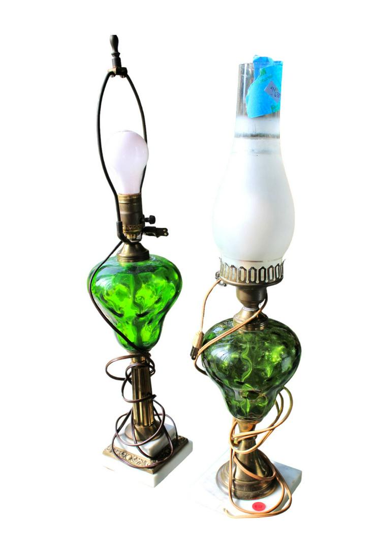 Pair of vintage green glass with marble base table lamps, 5" dia. X 22"h (1 of 2)