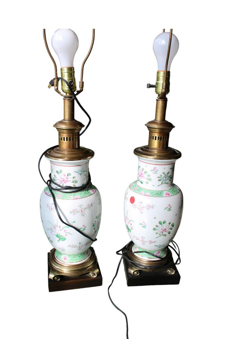 Pair of Frederick Cooper Asian decorated porcelain table lamps, 9" dia. X 32"h (1 of 2)