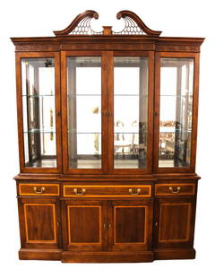 Stickley solid cherry 2 piece 4 door china buffet cabinet, lighted with beveled glass and glass shel: Stickley solid cherry 2 piece 4 door china buffet cabinet, lighted with beveled glass and glass shelves, banded in good condition, structurally sound, 90"h x 68"l x 19"d (top part of china is 57"h)