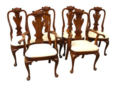 Set of 6 Stickley solid cherry queen anne shell carved dining room chairs, in good condition: Set of 6 Stickley solid cherry queen anne shell carved dining room chairs, in good condition, structurally sound, side chairs 28"w x 20"d x 42"h, side chairs 20"w x 19"d x 42"h with seat height of 20"