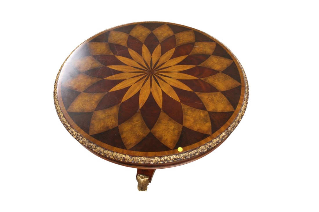 Maitland Smith 40" round center table with fancy sunburst top and carved edge (1 of 5)