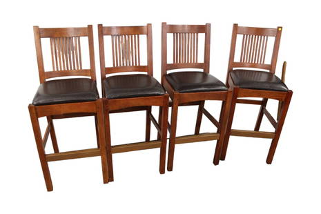 Stickley set of 4 mission oak stools with leather seats and original finish, in good condition: Stickley set of 4 mission oak stools with leather seats and original finish, in good condition, structurally sound, 19"w x 19"d x 45"h with seat height of 30"