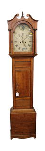 Antique oak tall case grandfather clock with weights, case is structurally sound: Antique oak tall case grandfather clock with weights, case is structurally sound, glass does have a crack, working unknown, 85"h x 19"w x 10"d