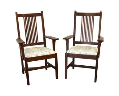 Pair Stickley solid cherry arm chairs, original finish: Pair of Stickley solid cherry arm chairs, original finish, in good condition, structurally sound, 25"w x 20"d x 42"h with seat height of 19"