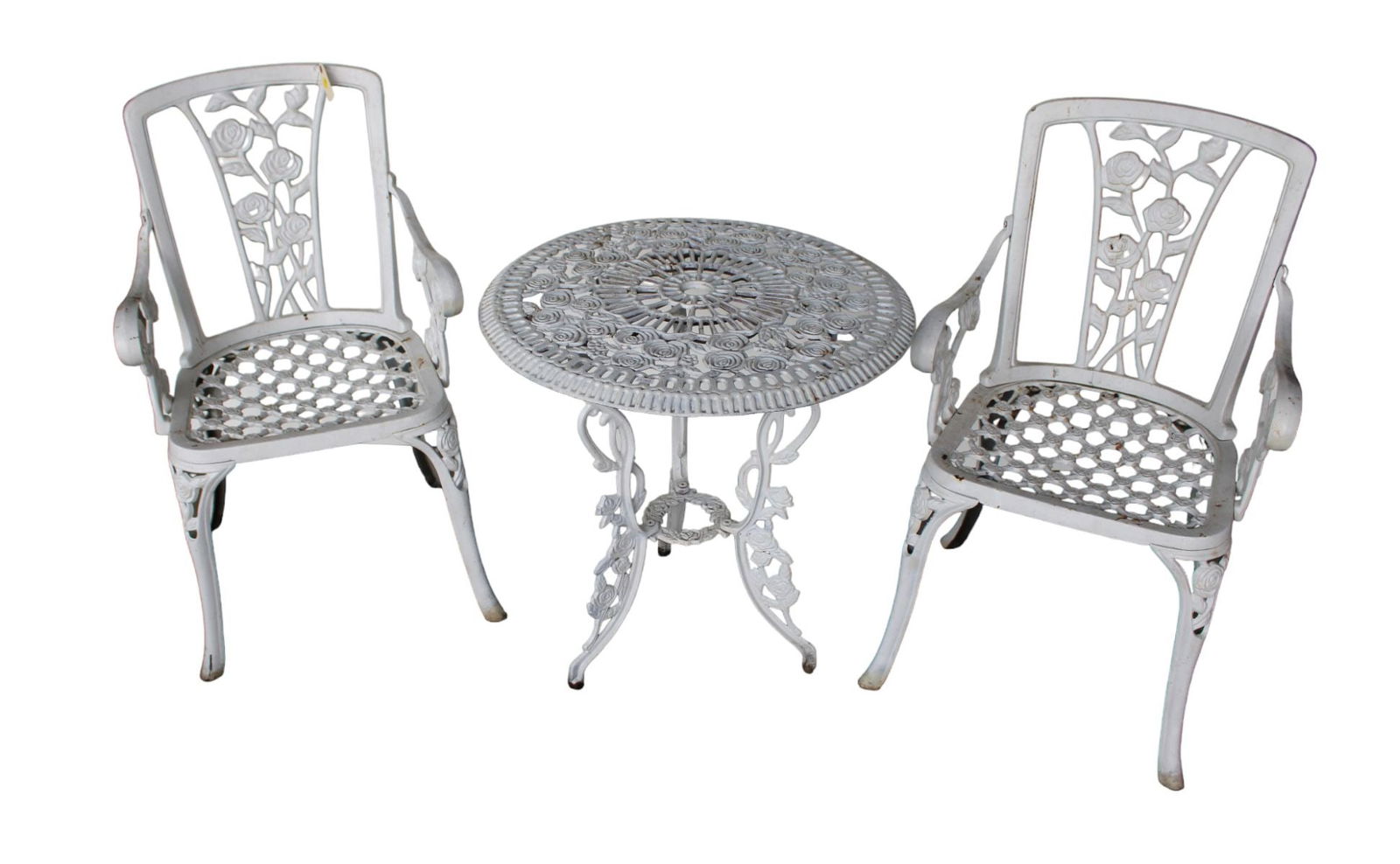 3 pc. vintage patio set: heavy cast aluminum  table with pair of chairs, painted white (1 of 4)