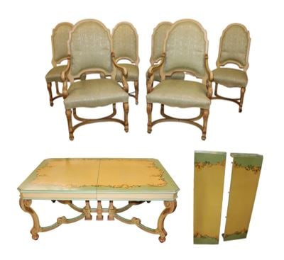 7pc Antique dining room set: painted french style, table with 6 chairs and 2 12" skirted leaves (1 of 17)