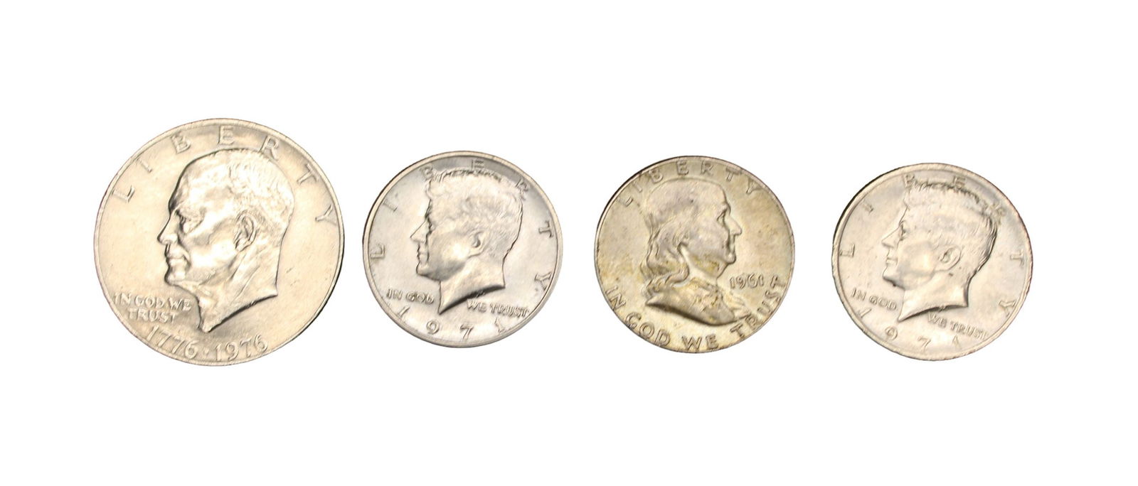 4 US dollar coins: 1-1964 Ben Franklin half silver dollar, 2- 1971 Kennedy half dollars, 1 (1 of 3)