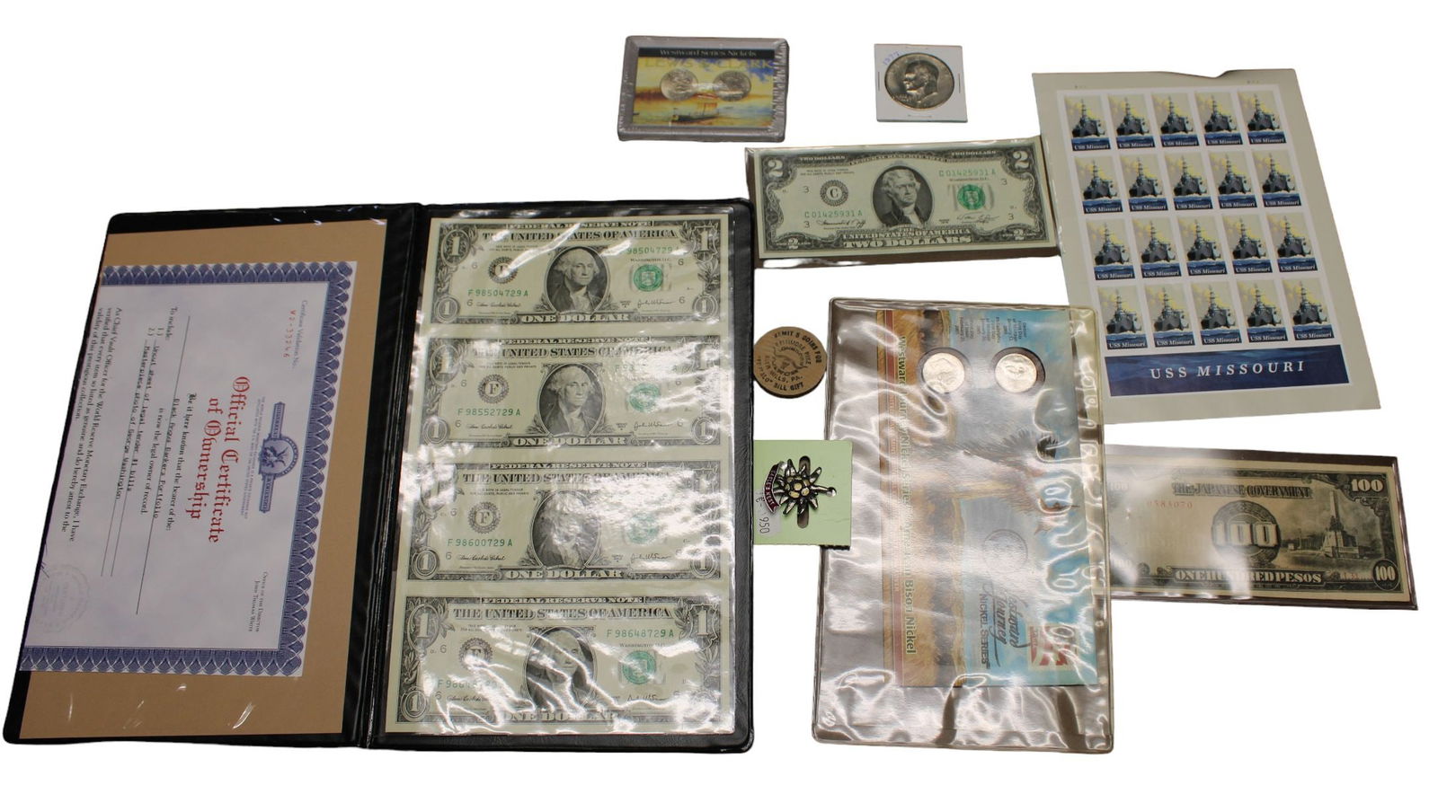 Lot 9 coins, bills and more: 2 westward series nickels, wooden nickel, 1977 Eisenhower dollar, 1976 (1 of 4)