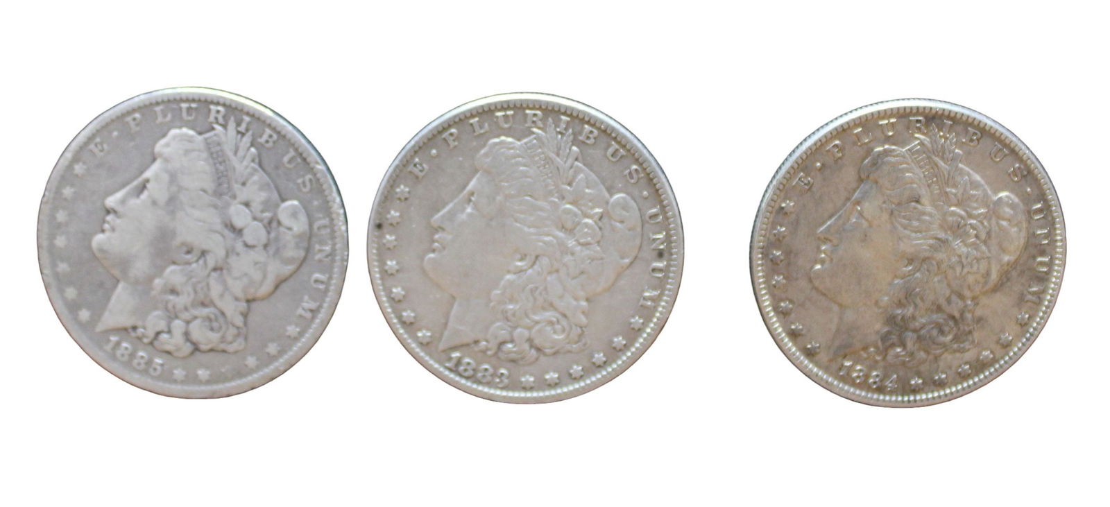 3 US Morgan silver dollars 1883, 1884, 1885-O (1 of 3)