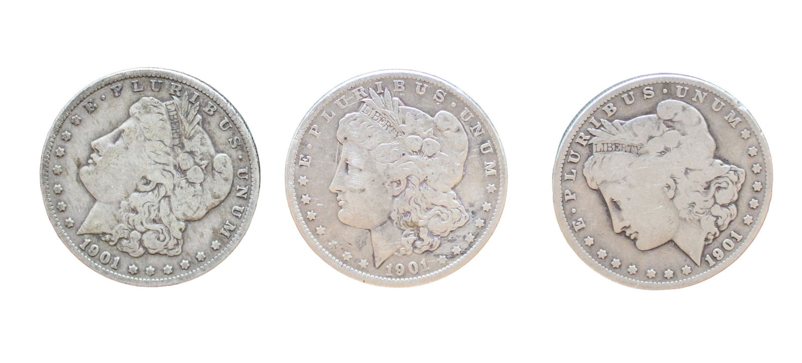 3 US Morgan silver dollars 1901-S, 1901-S, 1901-0 (1 of 3)
