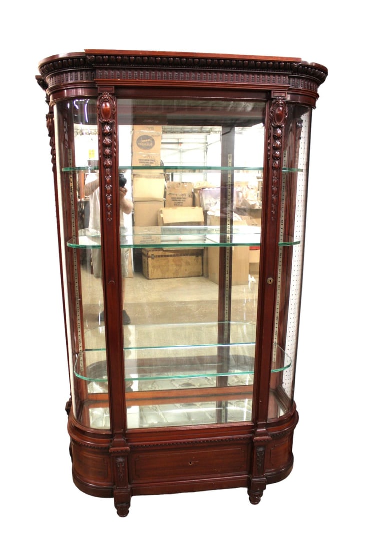 1 of a rare pair of antique mahogany curved glass china cabinets, left hinged door (match 260 lot) (1 of 9)